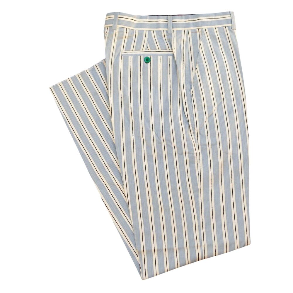 Mens 32 Light Blue Cream Stripe Cotton Pants Straight Fit Flat Front Trousers